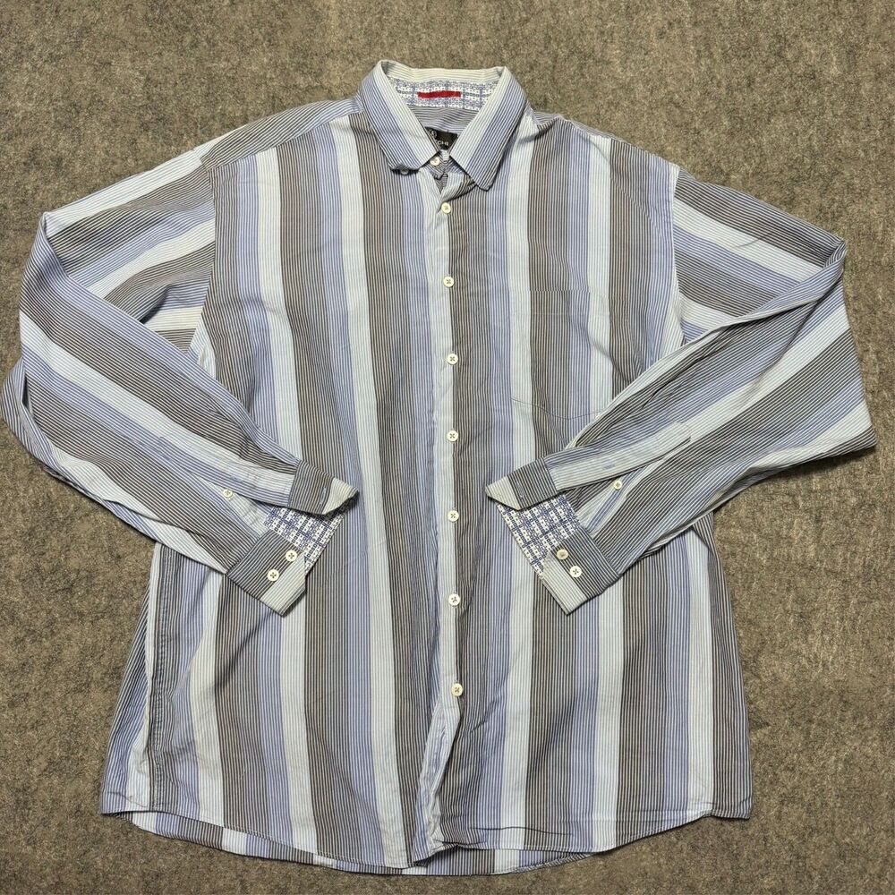 Bugatchi Uomo Mens XXL Shirt Blue Gray Striped Cotton Contrast Cuff Long Sleeve